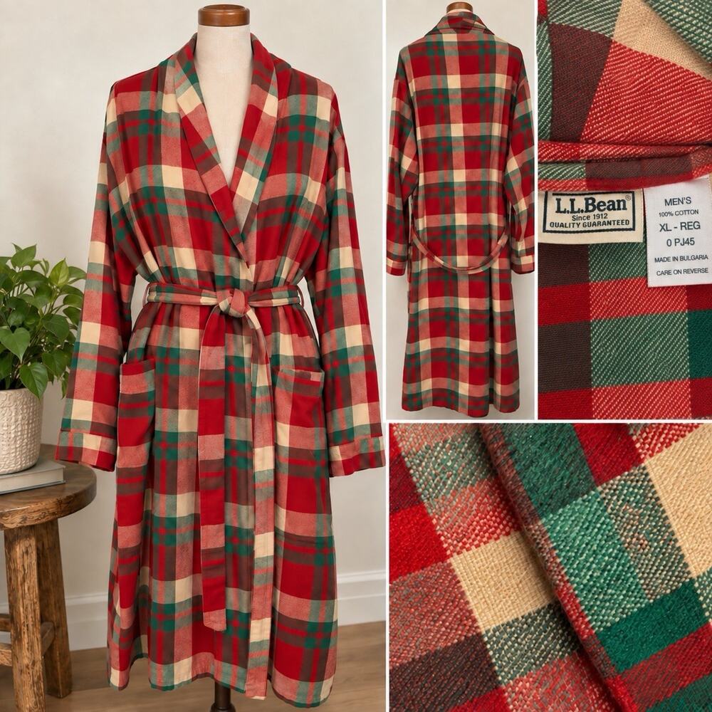 L.L.Bean Size L Plaid Flannel Bathrobe Fall Colors Holiday Robe Bathrobe LL Bean